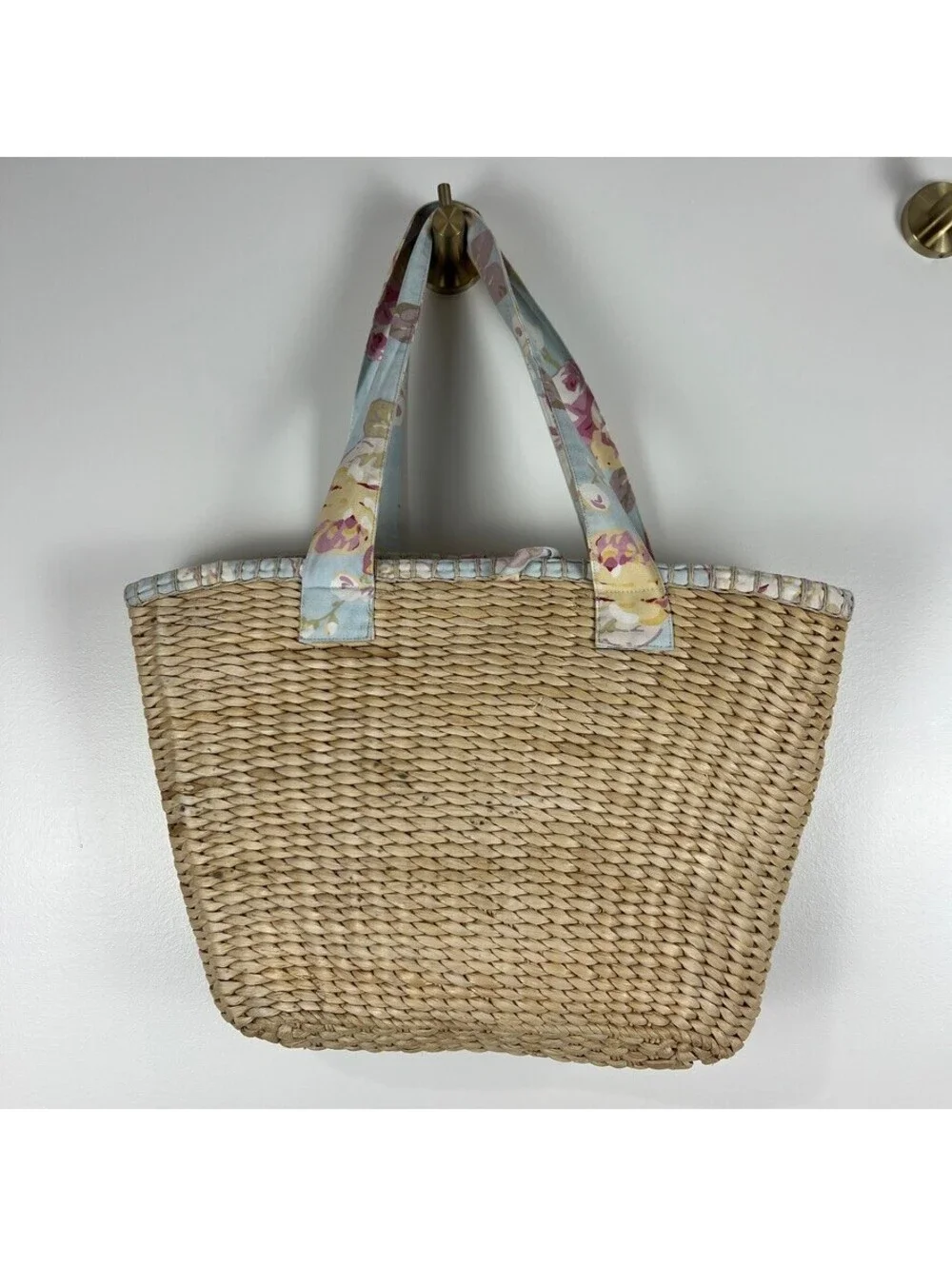 Laura Ashley Floral Lined Straw Tote Beach Bag Large Woven Shopper NWT